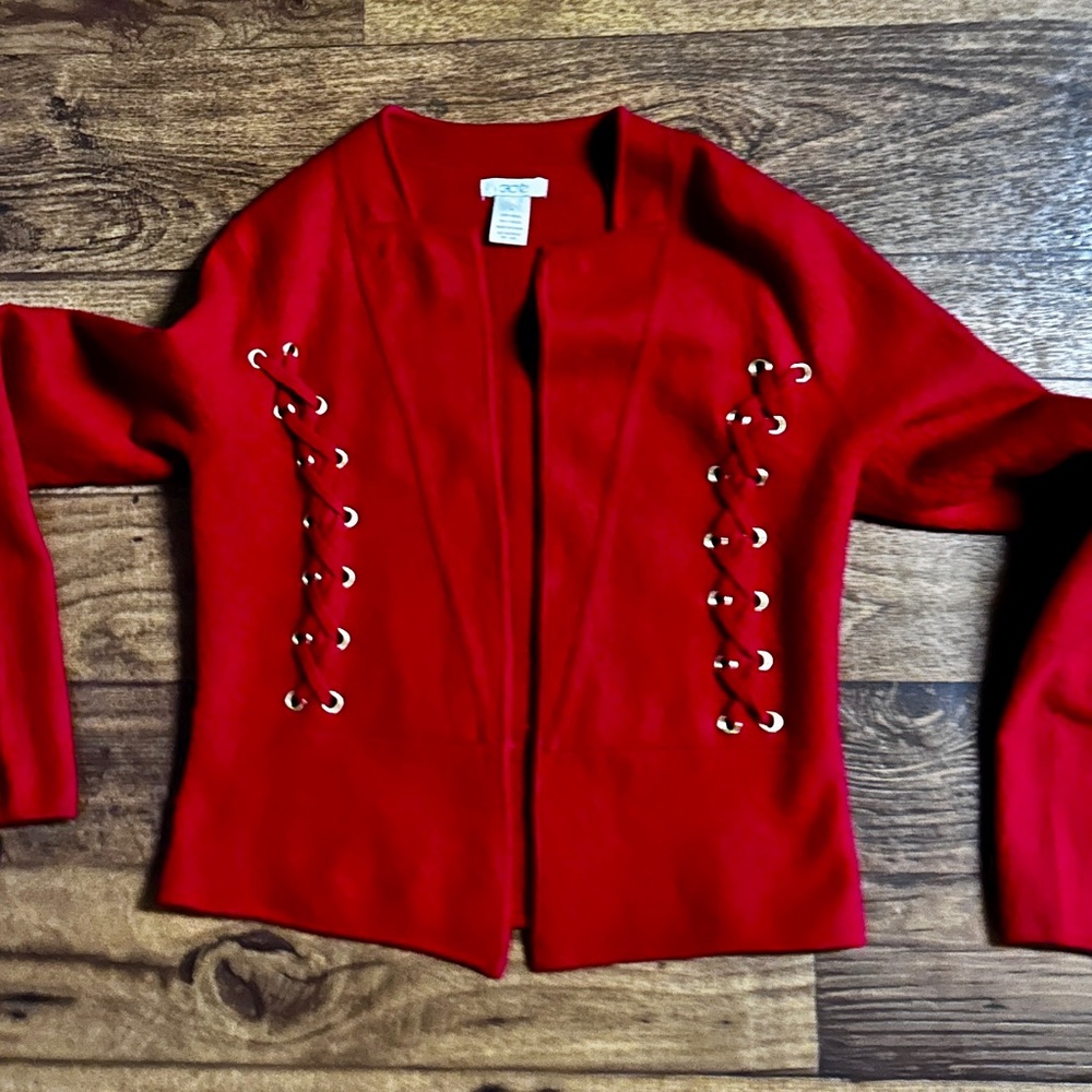 Cache ~ Women's Small ~100% Wool ~ Red Blazer Jacket W/ Lace Up Detail Hook Loop - Picture 4 of 16